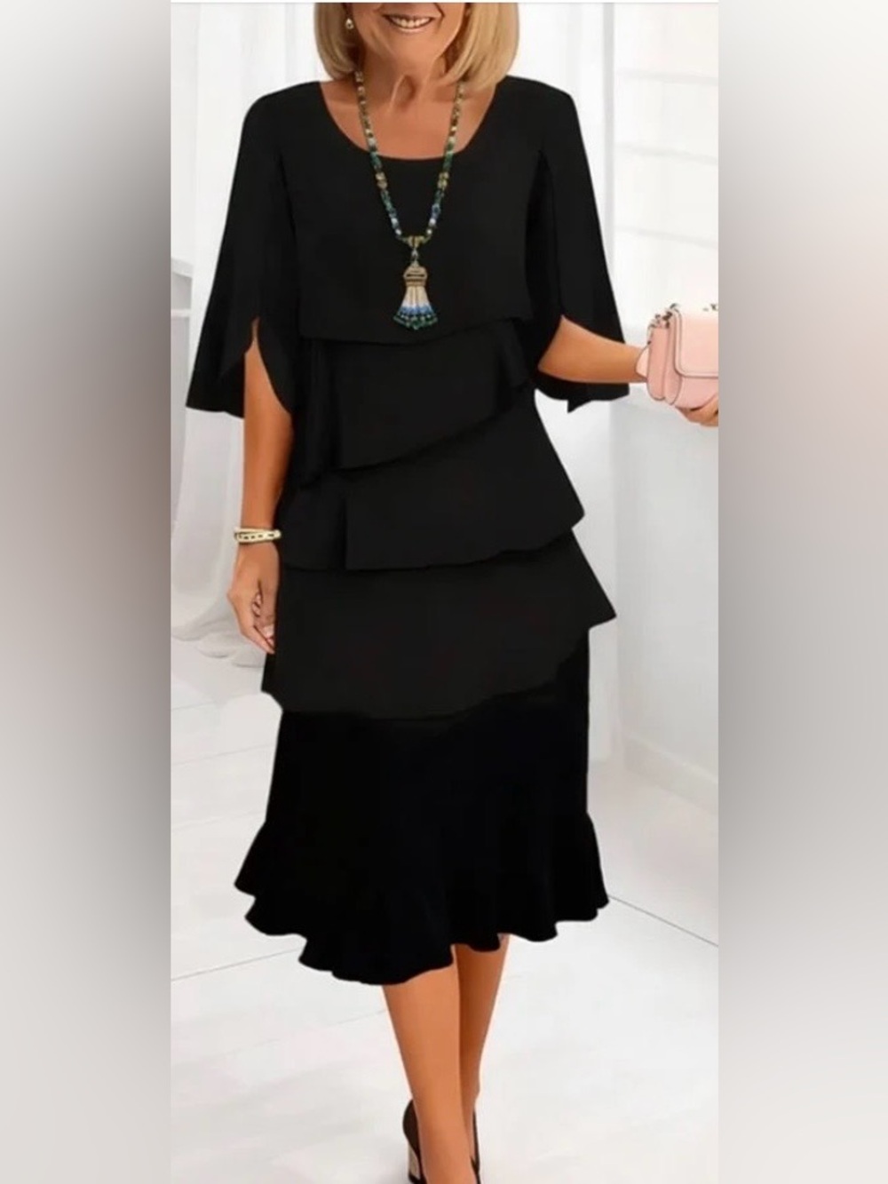 Midi Layered Dress with short split sleeves.